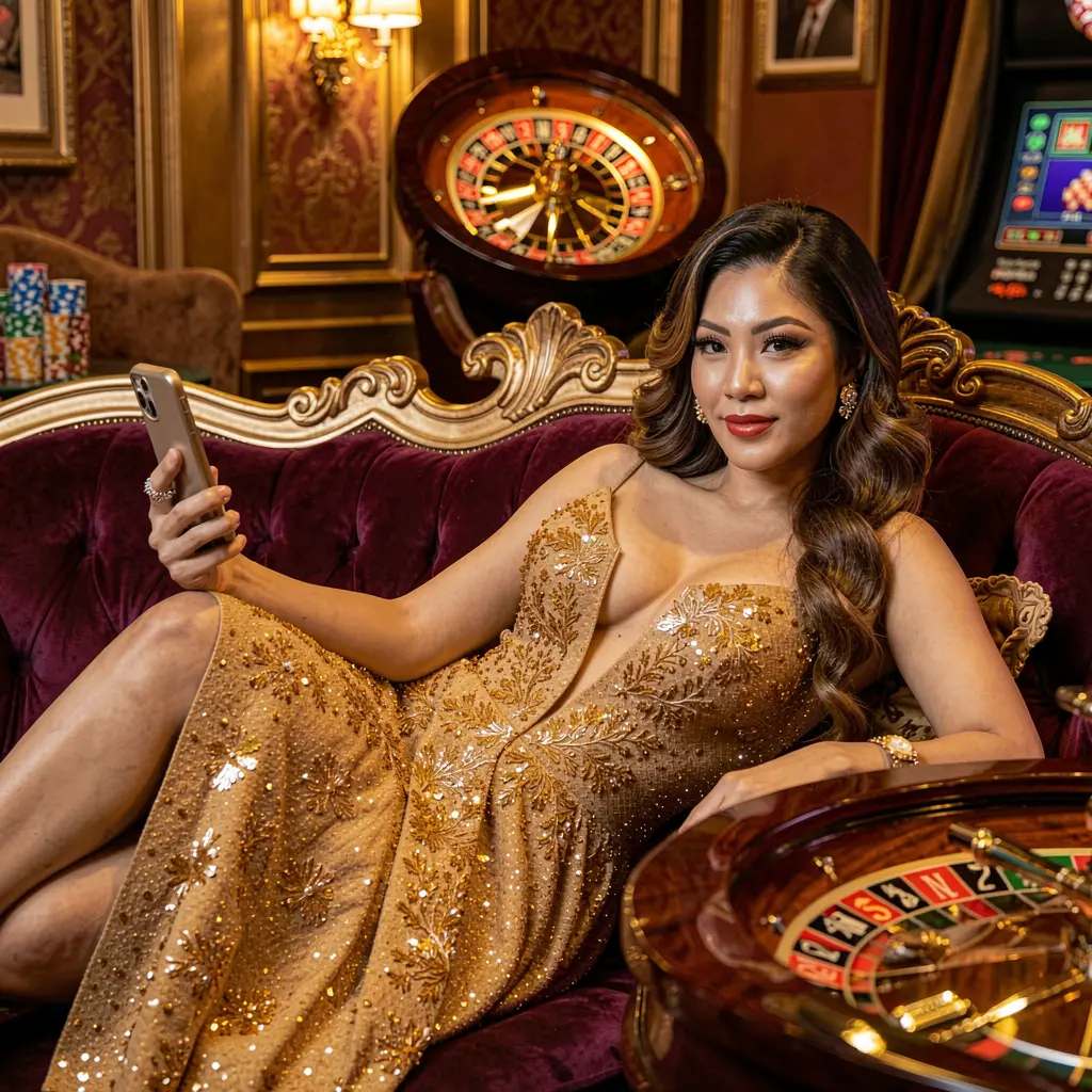 Confident Filipino woman checking her phone in a luxury casino setting with a glowing roulette wheel behind her using the ALTIXBLITZ app