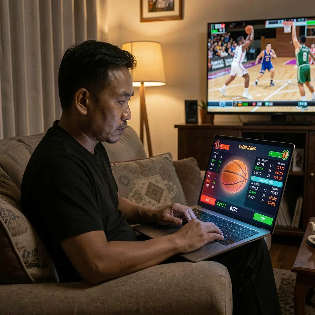 Focused Filipino sports bettor analyzing basketball odds on a laptop with the ALTIXBLITZ betting platform while watching a live game on TV at home