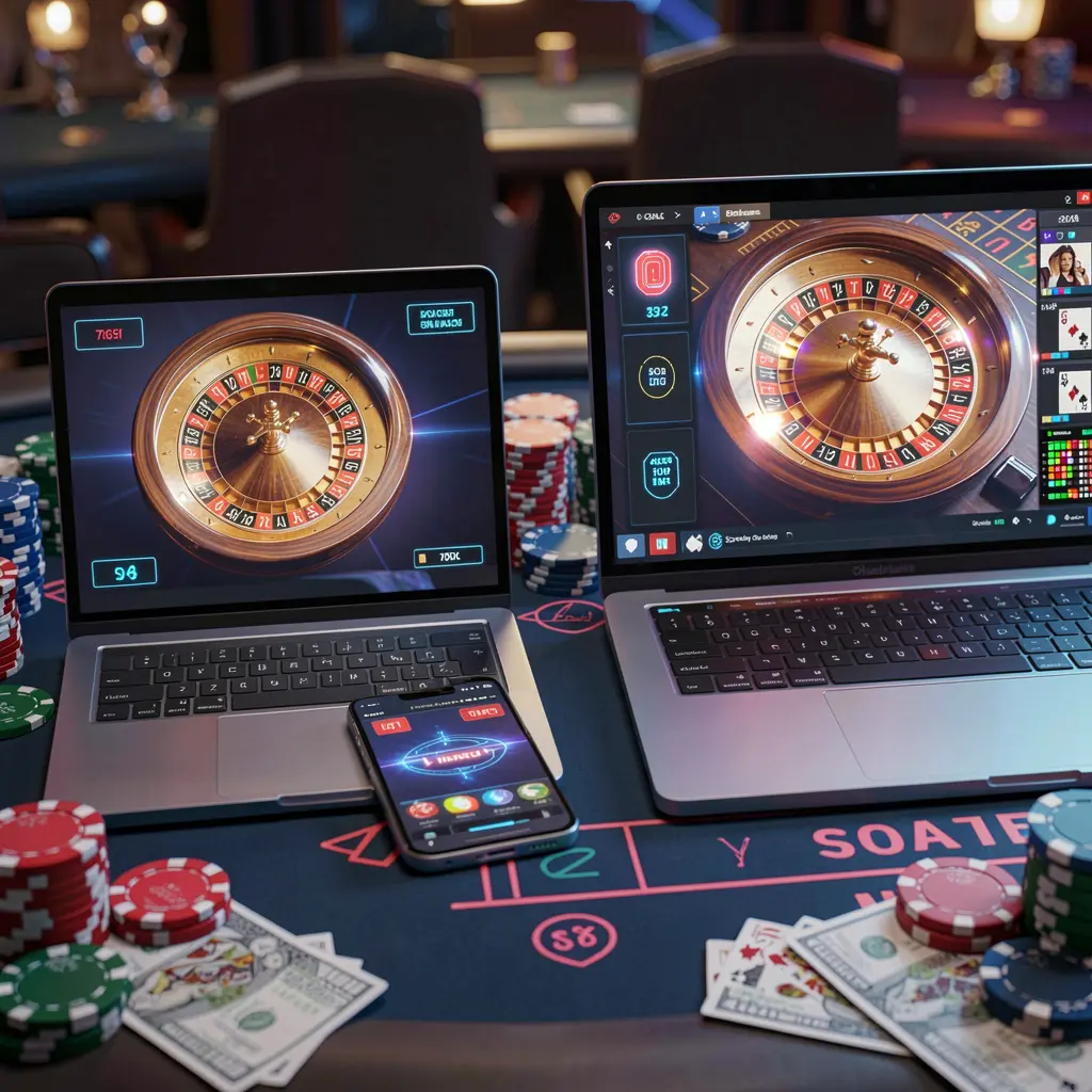 Modern digital roulette wheel displayed on a smartphone and laptop surrounded by casino chips highlighting the immersive ALTIXBLITZ online casino experience for players in the Philippines